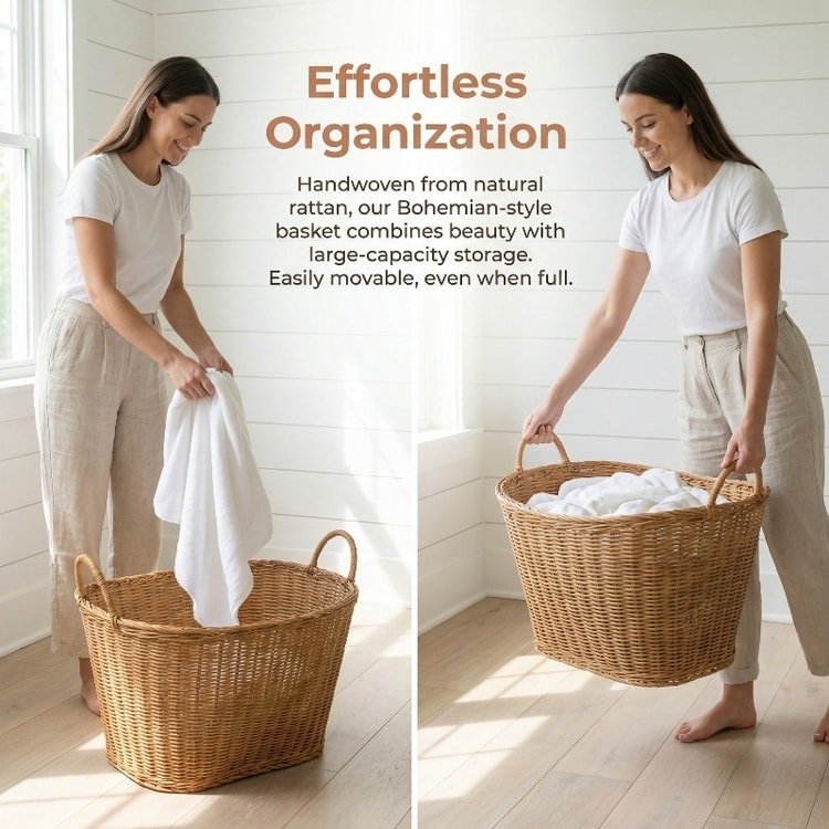 Large Rattan Laundry Basket Hand Woven Storage Hamper with Handles