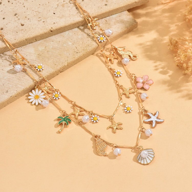 Golden Summer Layered Daisy & Pearl Beach Necklace