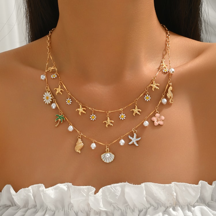 Golden Summer Layered Daisy & Pearl Beach Necklace