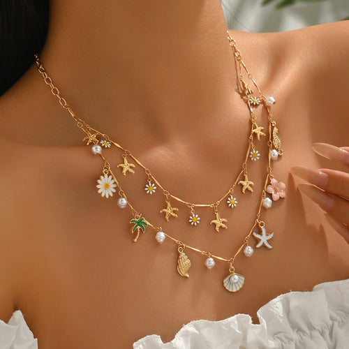 Golden Summer Layered Daisy & Pearl Beach Necklace