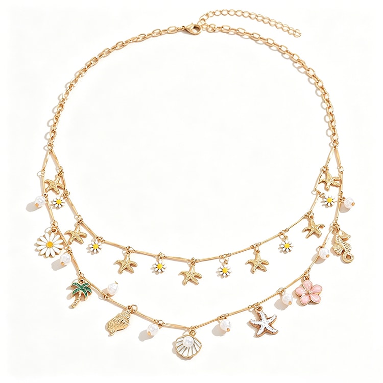 Golden Summer Layered Daisy & Pearl Beach Necklace
